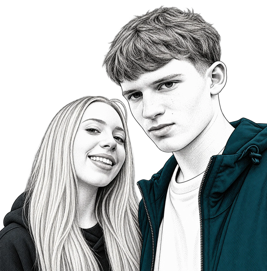 Alexa and her brother Harry, drawn in ink